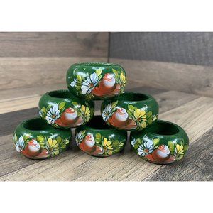 6 Green Napkin Rings Hand Painted Wood Red Yellow Flowers Toll Rosemaling Floral